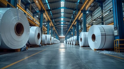 Large rolls of steel in an industrial warehouse
