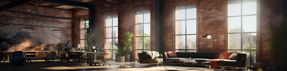 Fototapeta premium A modern loft with red brick walls and a large window, a black sofa and a wooden table, perfect for a contemporary home design project. 