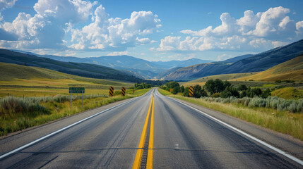 Clear, well-designed highway signs indicating directions, distances to cities, speed limits, and exits. Include both modern digital signs and classic green road signs