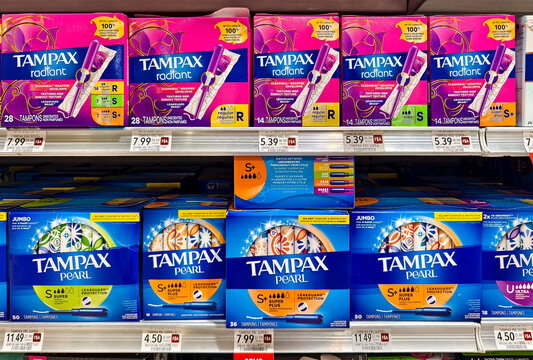 Assortment of Tampax tampons in supermarket aisle