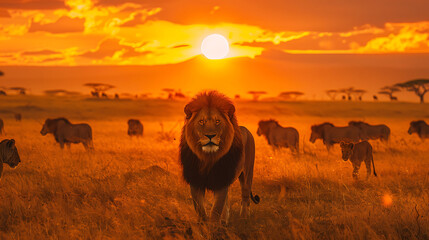 A majestic lion stands tall against a fiery sunset in the African savanna, showcasing the beauty and power of nature. 
