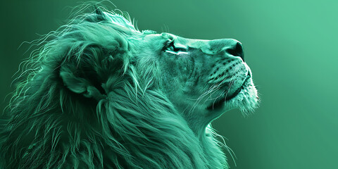 Majestic lion profile teal green background power strength wildlife nature.
