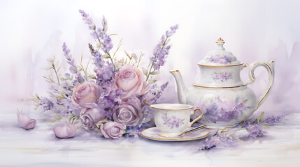 Lavender roses teapot teacup watercolor painting pastel purple serenity spring romance.
