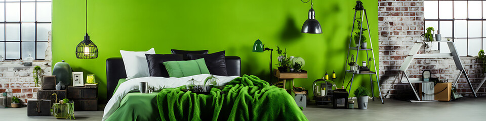 Green bedroom interior design: lime green walls, dark green bedding. Modern, fresh, tranquil spring vibe.
