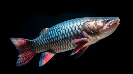 Obraz premium A blue and red fish with scales swimming against a black background, perfect for nature, wildlife, and aquatic themes. 