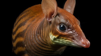 Obraz premium A close-up portrait of a brown and black striped animal with large ears and a pink nose, perfect for wildlife and nature documentaries. 