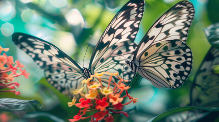 Fototapeta premium Close-up shots of butterflies feeding on nectar, their wings delicately open to reveal intricate patterns, or butterflies emerging from cocoons, showcasing the life cycle.
