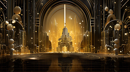 Art Deco style golden and black palace entrance evokes a sense of luxury and grandeur for special events and celebrations. 

