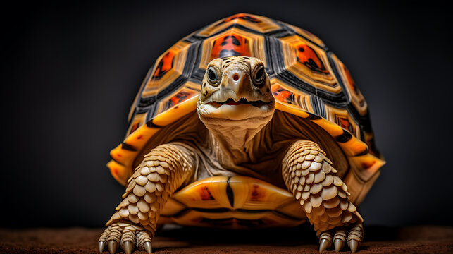 A close-up of a turtle with a black and orange shell on a dark background evokes a sense of calm and longevity. 
