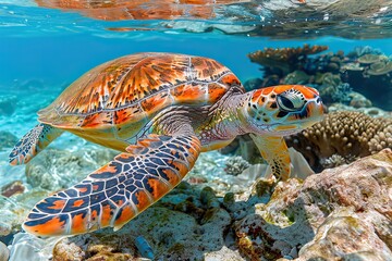 Obraz premium A vibrant sea turtle swims gracefully in the ocean depths