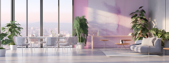Modern minimalist living room with white furniture and pink wall, showcasing a serene and stylish home design. 

