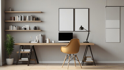 Modern workplace in room decorated with green potted plants. Home design, copy space