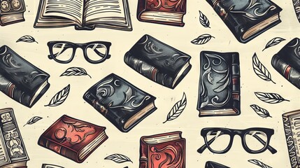 A pattern with vintage books, glasses, and leaves. Perfect for book lovers and vintage enthusiasts.