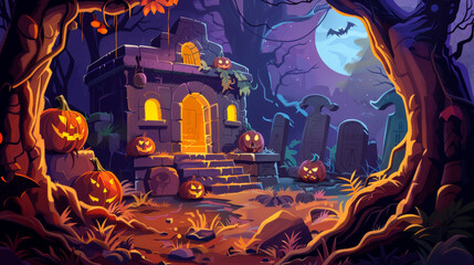 Halloween cartoon scenery, mummy in tombs, egypt, creative.