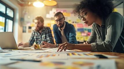 Fototapeta premium Multinational teams are setting goals on project management apps.