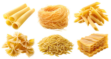 Set of pile stack of raw uncooked Italian pasta, Cannelloni, capellini, Vermicelli, Penne, Farfalle, Orzo, Lasagna on transparent cutout PNG file. Many different Mockup template for design. Front view