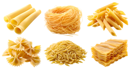 Set of pile stack of raw uncooked Italian pasta, Cannelloni, capellini, Vermicelli, Penne, Farfalle, Orzo, Lasagna on transparent cutout PNG file. Many different Mockup template for design. Front view
