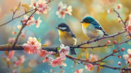 Two Birds Perched on a Branch of Pink Blossoms