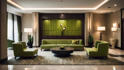 A beutiful professional high class light simple clean deep wide "white and green color theme" office that looks like a high tech TV-Show set.