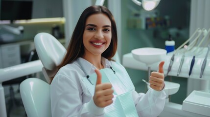 Happy woman sitting in dental chair after teeth cure in modern clinic, gesturing thumbs up