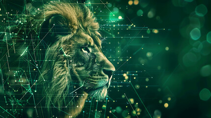 A powerful lion with green and gold hues, a digital abstract concept for technology and nature. 
