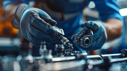 The engineer is calibrating the torque settings on assembly tools.