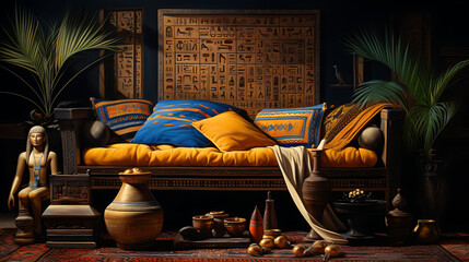 Luxurious gold and blue Egyptian inspired couch with hieroglyphics, perfect for a historical or fantasy themed design. 
