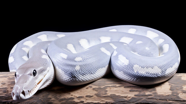 A beautiful grey and white albino python snake with a smooth and shiny skin coiled on a branch in a dark background. 
