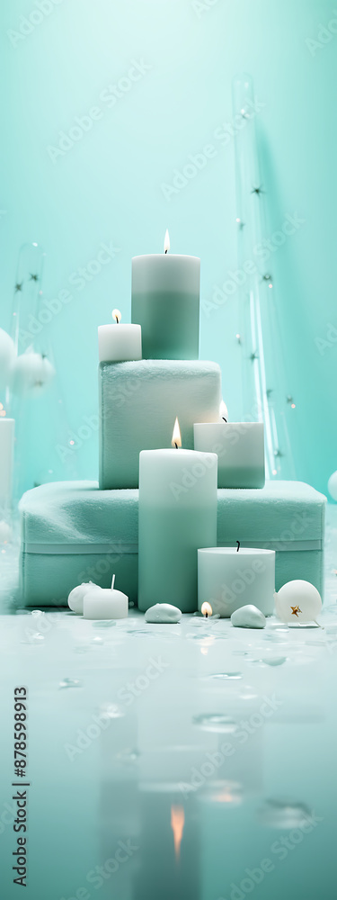 Wall mural mint green candles on soft white towels, a serene spa concept for relaxation and tranquility.