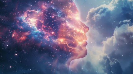 Human mind abstract space science head background. Brain face sky idea universe thought psychology, with copy space