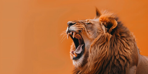 Fototapeta premium A powerful lion with orange fur roars against a brown background, conveying strength and dominance. 
