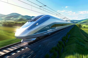 Fototapeta premium Sleek High-Speed Train Speeding Through Scenic Countryside Landscape with Rolling Green Hills
