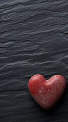Fototapeta premium Red heart on black slate background, minimalist Valentine's Day design, perfect for greeting cards and social media. 