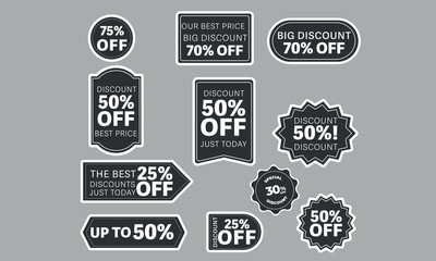 Obraz premium Set of vector grey starburst, sunburst badges. Simple flat style vintage labels, stickers with sale discount text. Sale quality tags and labels. Template banner shopping badges.