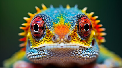 Close-up of a colorful lizard with red eyes and yellow and blue scales, a captivating macro shot for wildlife and nature photography projects. 
