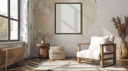 Bohemian interior design with white and brown tones, a cozy chair and a basket, perfect for a relaxing atmosphere. 
