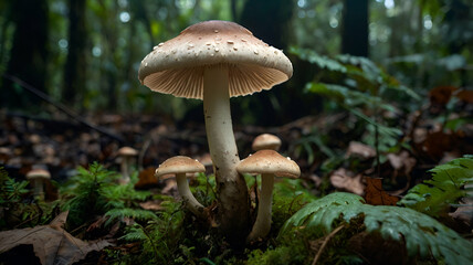 Agaricus bisporus mushrooms in jungle