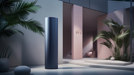 Modern minimalist interior design with blue and pink colors, a sleek cylindrical object, and a palm tree. 
