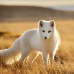 Fototapeta premium Arctic Fox in Golden Meadow, Wildlife Photography, fox close up