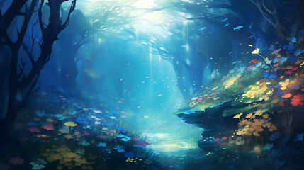 Enchanted underwater forest with blue and yellow flowers, a magical and dreamy scene perfect for fantasy and fairytale stories. 
