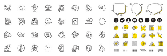 Set of Inspect, Bitcoin project and Business person line icons for web app. Design elements, Social media icons. Startup, Money, Floor plan icons. Clock, Info, Heart rating signs. Vector