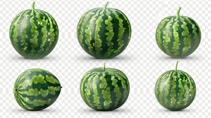 Naklejka premium Set of whole, green, round watermelons, isolated on a transparent background with a PNG