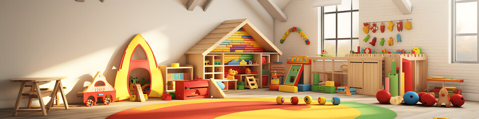 Colorful wooden toys and a playhouse in a bright, cheerful room for a fun, playful, and imaginative childhood. 

