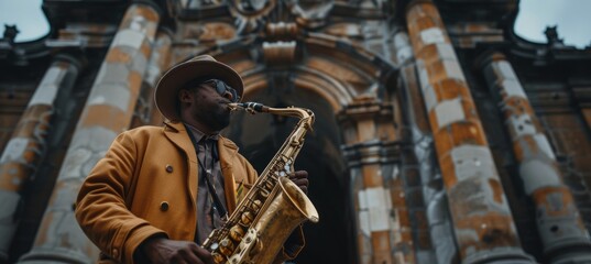 Naklejka premium Saxophonist Performing Next to Historic Building with Ornate Architectural Details for Urban Art Scene