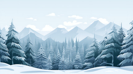 Fototapeta premium Blue snowy pine forest with white mountains in the background, perfect for winter holiday and nature designs. 