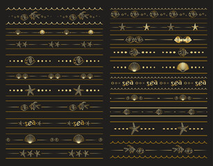 seamless borders with fishes and seashells - vector golden set on black
