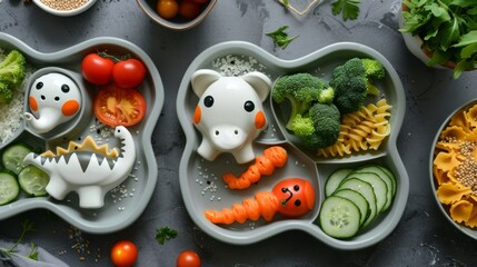 Obraz premium Kid-Friendly Healthy Meals. Nutritious meals served on animal-shaped plates. Features a dinosaur plate with tomatoes, cucumb