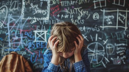 Stressed student in front of blackboard with formulas