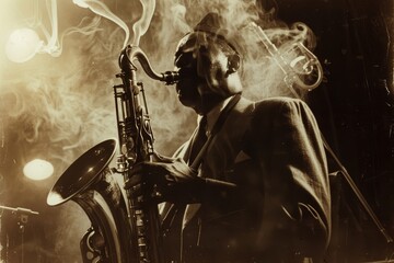 Obraz premium Vintage Jazz Night in a Smoky Club: Saxophonist Playing Under Soft Lights - Sepia Toned Atmosphere
