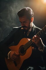 Obraz premium Elegant Classical Guitarist Performing on Stage under Dramatic Lighting in Formal Attire